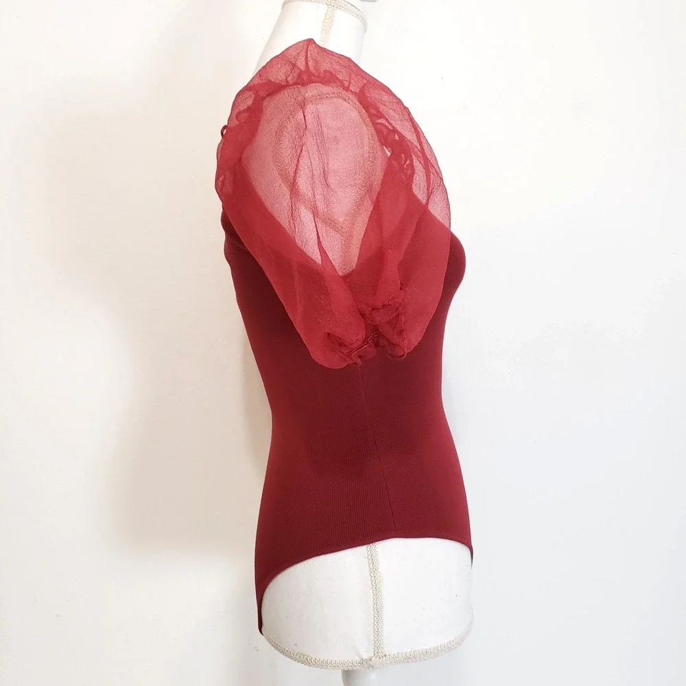 NEW!! ASTR The Label SIZE S Red Puff Sleeve Bodysuit Women Wine AT15988 Holiday